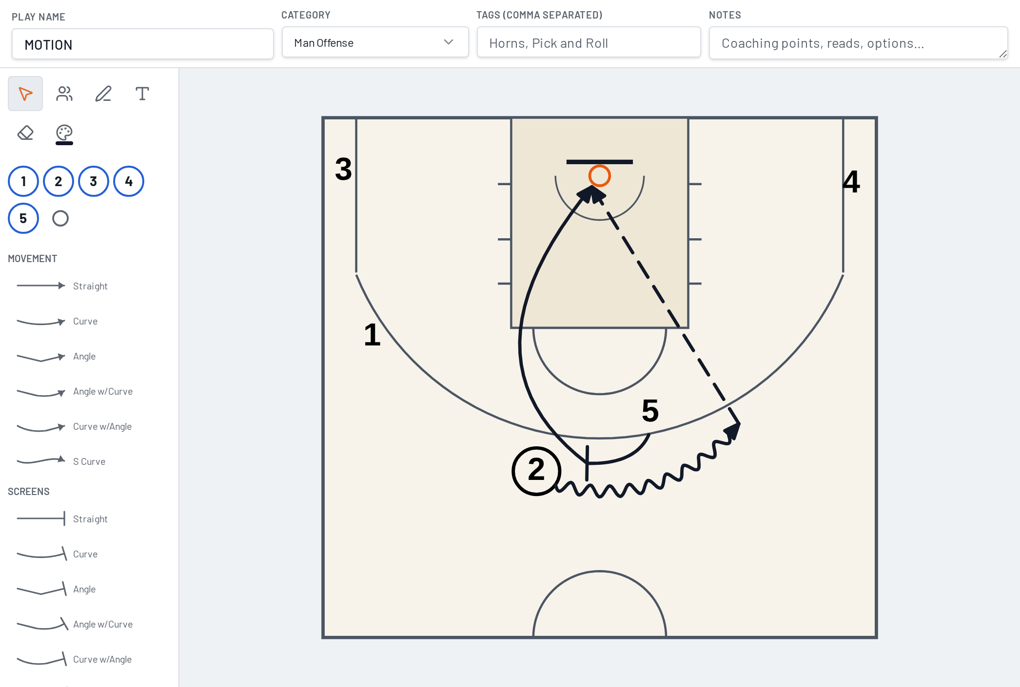 HoopDraw basketball play designer with player positions and tactical movement lines