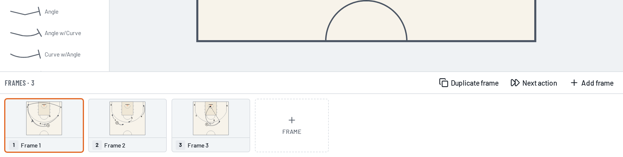 Three-frame HoopDraw timeline showing a basketball action step by step